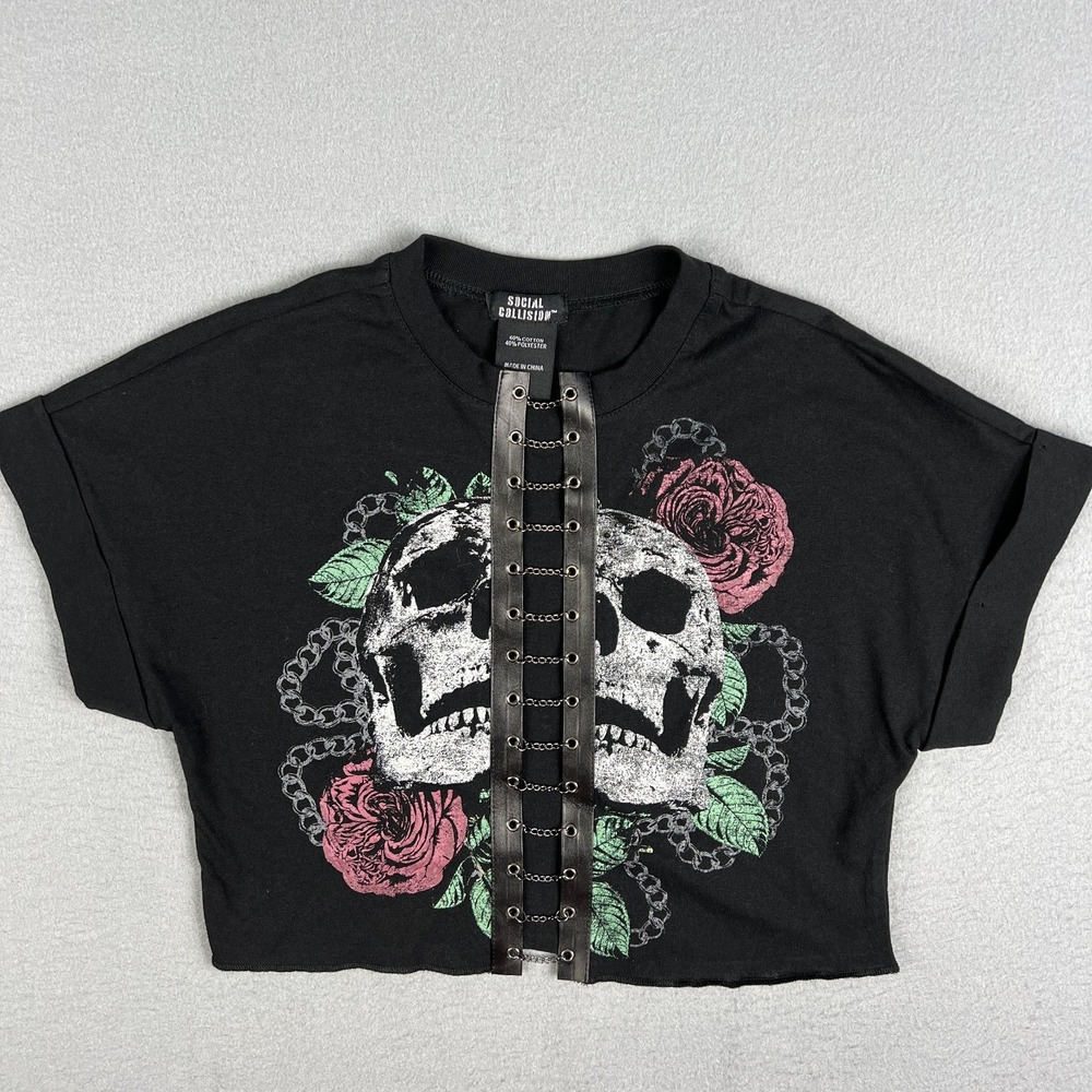 Social Collision Skull Rose Chain Crop T‎ Shirt Small Goth Emo Punk Hot Topic